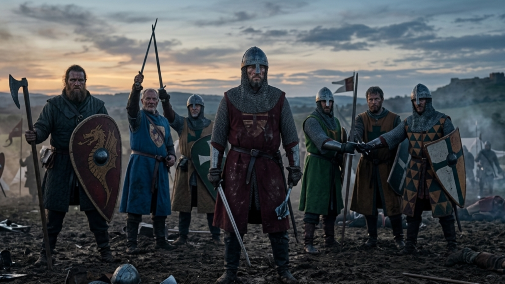 A dramatic, wide cinematic shot of a group of seven gritty medieval warriors standing in formation within a military encampment at twilight. The central figure wears a red lion-patterned surcoat and chainmail, holding two swords. To his left stands a large bearded axe-man with a dragon shield. To his right, other knights in green and chequered surcoats cross weapons in a sign of unity. The muddy foreground is littered with discarded weapons and fallen bodies. The background features rolling hills, numerous army tents, and a distant castle hillfort under a cloudy sunset sky.
