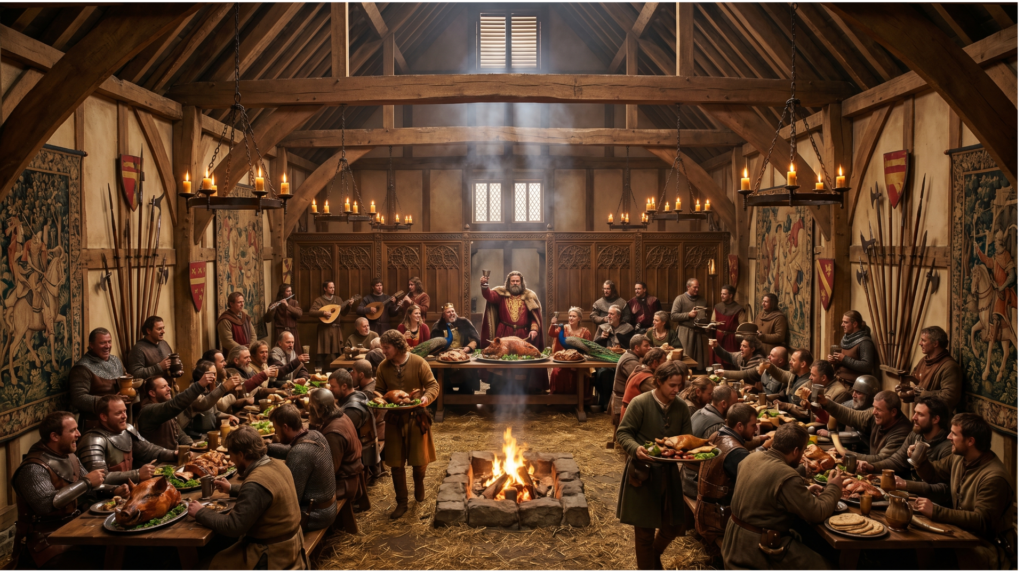 A vibrant and detailed historical illustration titled "Feast," showing Norman lords and ladies banquetting in a grand, spear-raftered hall with large fires, roasted meats, and overflowing mead horns.