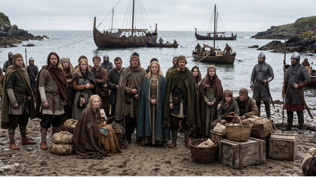 A somber historical illustration titled "Noble Exodus," showing a group of dispossessed Anglo-Saxon nobles traveling through a cold, mist-shrouded English landscape after the 1066 Norman Conquest.