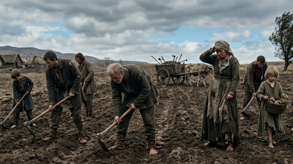 A gritty historical illustration titled "Saxon Poor," depicting a group of struggling 11th-century Anglo-Saxon peasants in tattered wool clothing standing in a desolate, wintry village setting.