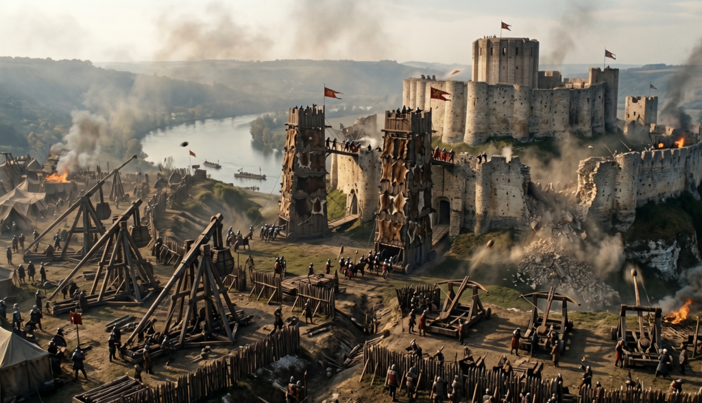 King Philip Augustus besieging the Norman fortress of Château Gaillard before capturing Rouen.