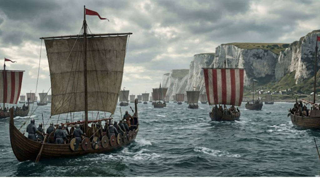 The fleet of William the Conqueror approaching the White Cliffs of Dover