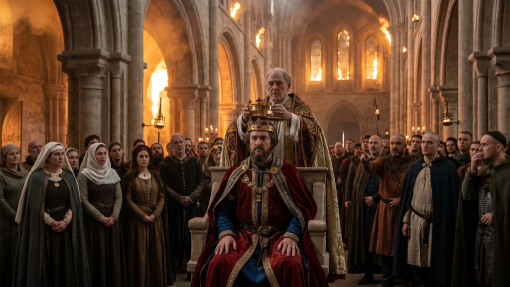 Cinematic photograph of a medieval coronation ceremony inside a large, arched stone cathedral. A king sits on an ornate throne while an archbishop in gold vestments places a crown on his head. Dozens of people in period-accurate costumes watch from the sides.