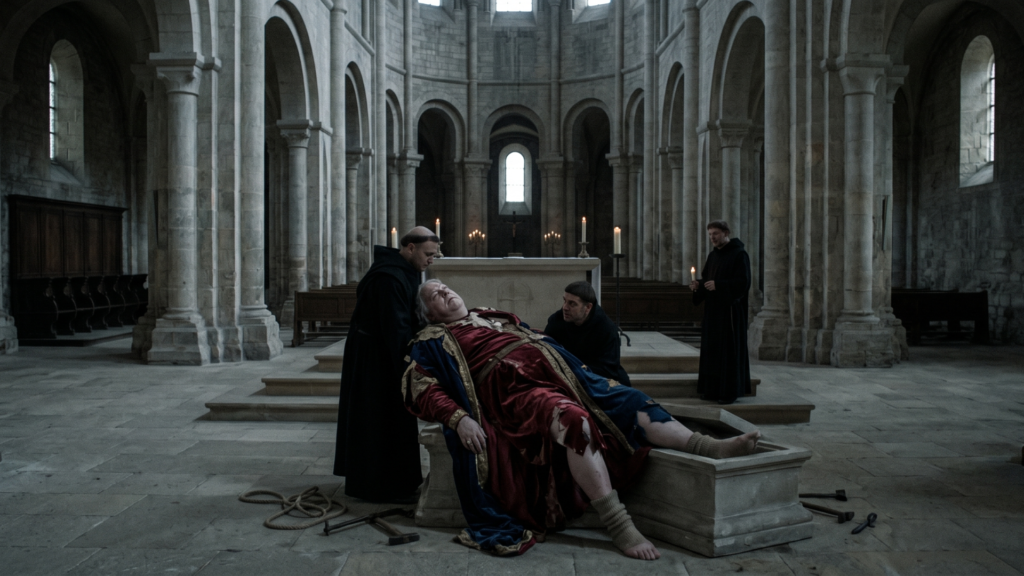 Three medieval monks prepare a difficult burial of a royal corpse in rich robes inside a somber, ancient church. Tools for the task are on the floor.