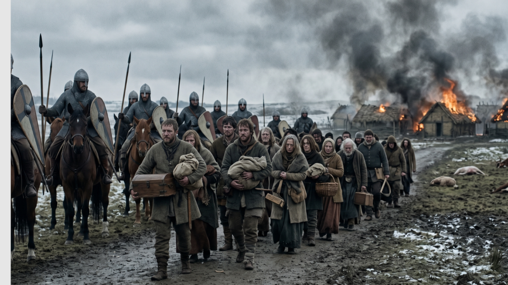 A wide cinematic photograph of a medieval landscape scene shows a procession of dispossessed peasants being escorted away from their burning village by armored Norman cavalry.