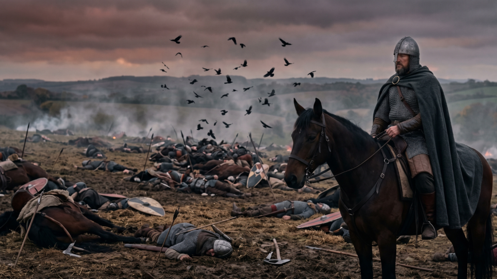 Wide-format, cinematic image of a lone medieval knight in helmet and armor sitting on a brown horse on a muddy hill. He looks out over a vast battlefield covered with dead soldiers, broken shields, and weapons. A large flock of crows circles above the center of the carnage under a cloudy, dramatic dusk sky. Smoke rises in the background.