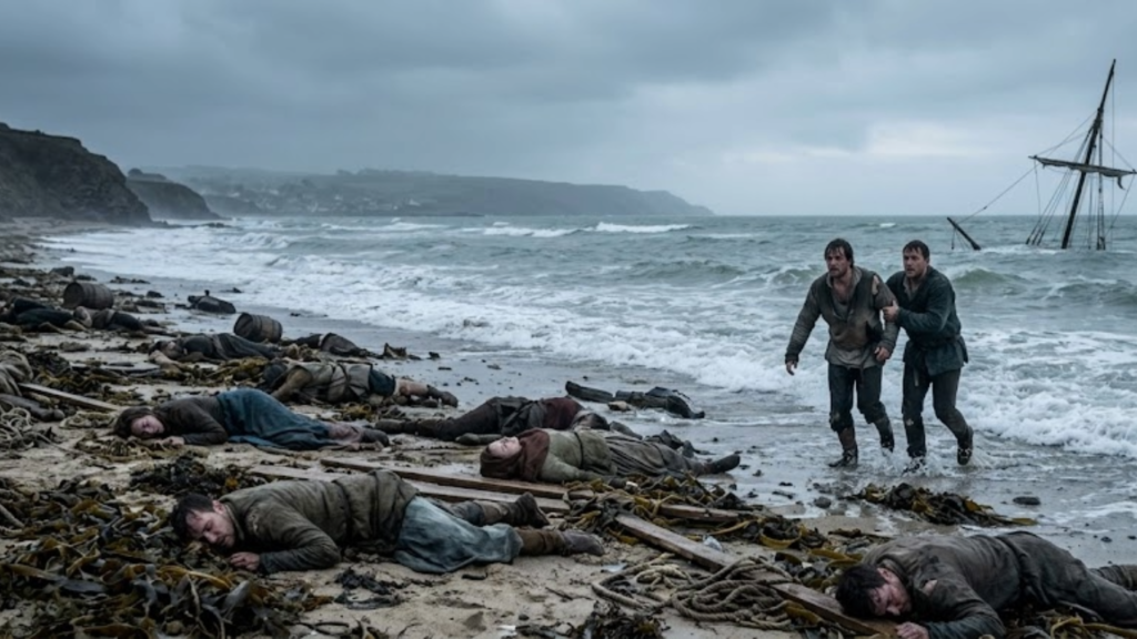 A wide-angle photograph of a seaweed-strewn beach under a grey, overcast sky. Numerous bodies in dark, historical clothing lie face down among kelp and debris in the foreground. In the midground, two exhausted men wade ashore, supported by each other. Further out in the stormy waves, a large, partially submerged multi-masted ship lists heavily. A line of rugged cliffs is on the left. The scene is one of desolation and tragedy.