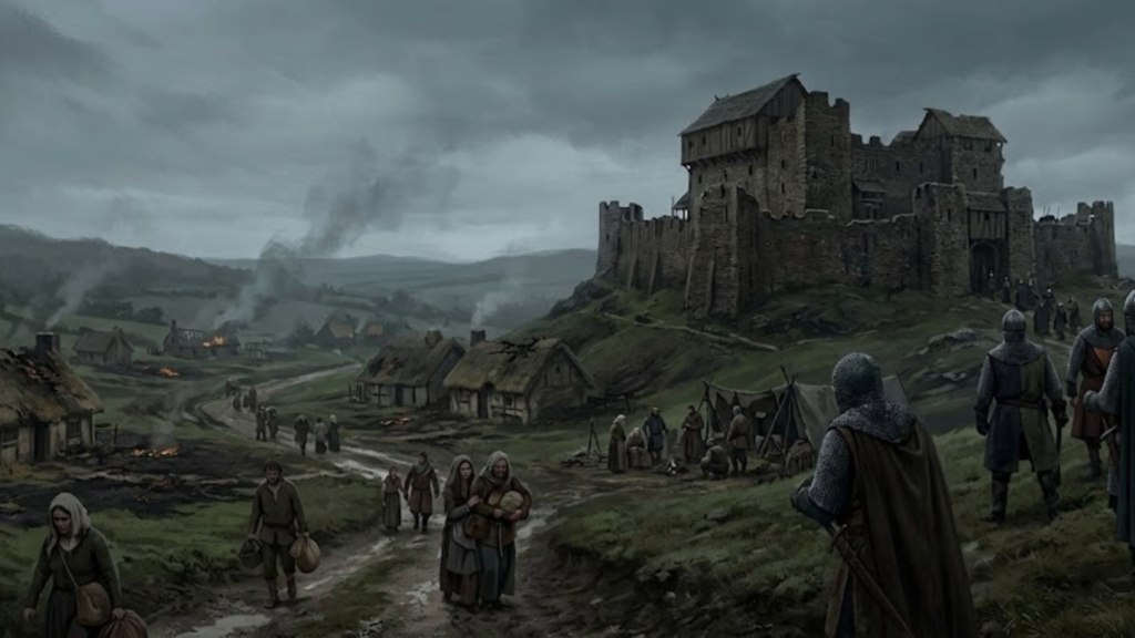 Cinematic illustration of a grim medieval English landscape under a dark, overcast sky. On a hill stands an imposing stone castle guarded by soldiers in chainmail, while displaced villagers flee down a muddy road past pillaged, burning thatched-roof cottages in the background.