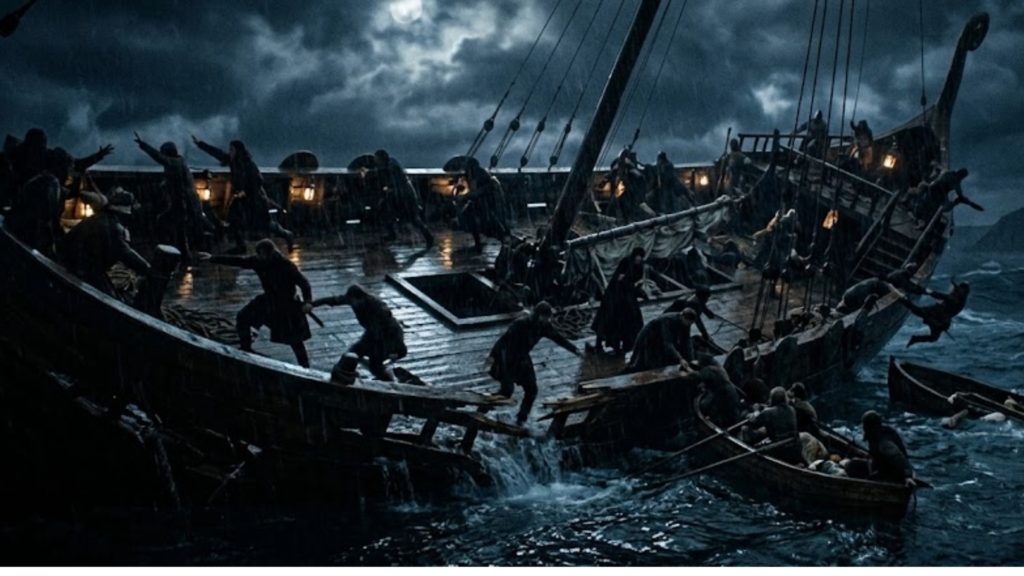 Cinematic depiction of the medieval White Ship disaster of 1120 at night. A large wooden vessel tilts violently and breaks apart in a rough sea as panicked passengers scramble across the deck and fall into the dark, moonlit water.